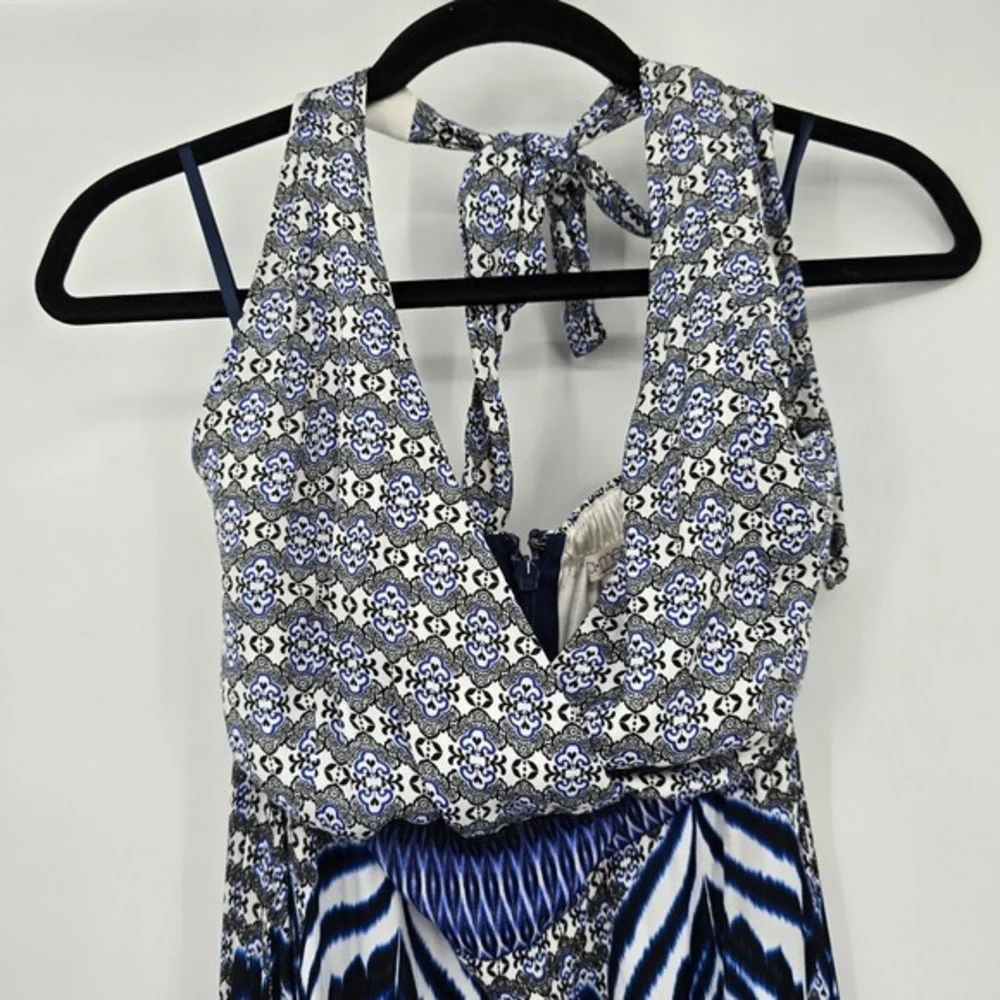 Eva Mendez Maxi Dress‎ Boho Halter Neck Tiered Blue White Floral Size Small - Picture 3 of 10